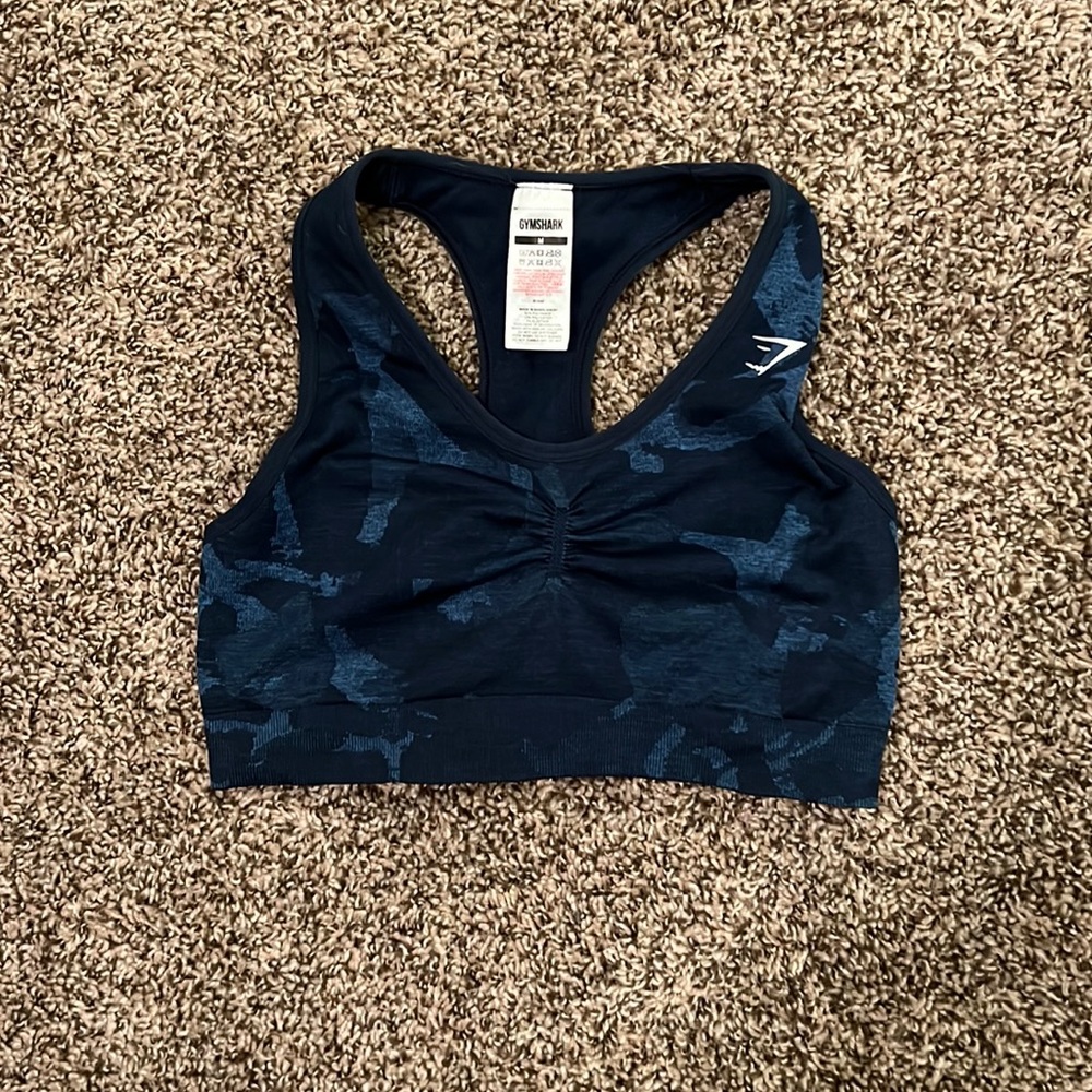 Gymshark Adapt Camo Seamless Racer Back Sports Bra- Savanna: Navy; size medium